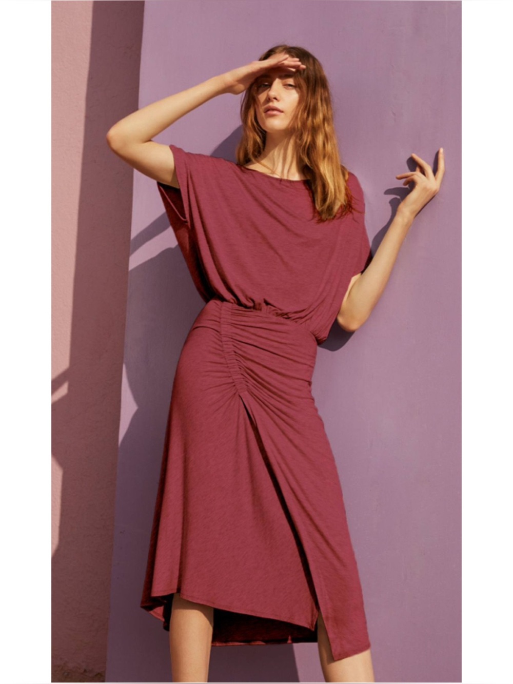 Anthropologie Moulinette Soeurs Etta Ruched Jersey Knit Midi Dress Dusty Wine